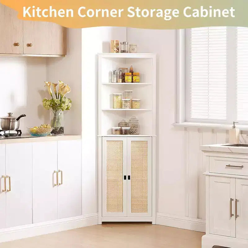 Corner Hutch Cabinet in White  Tall Space-Saving Storage Unit with 2 Barn Door Design & Adjustable Shelves  Ideal for Kitchen Organization