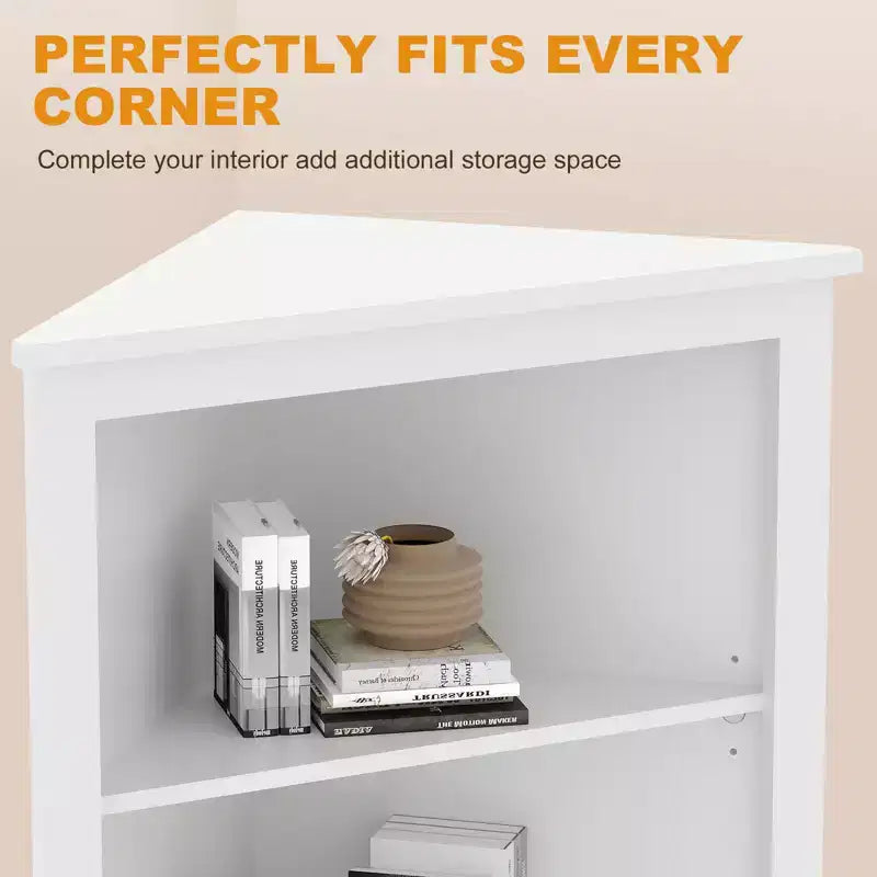 Corner Hutch Cabinet in White  Tall Space-Saving Storage Unit with 2 Barn Door Design & Adjustable Shelves  Ideal for Kitchen Organization