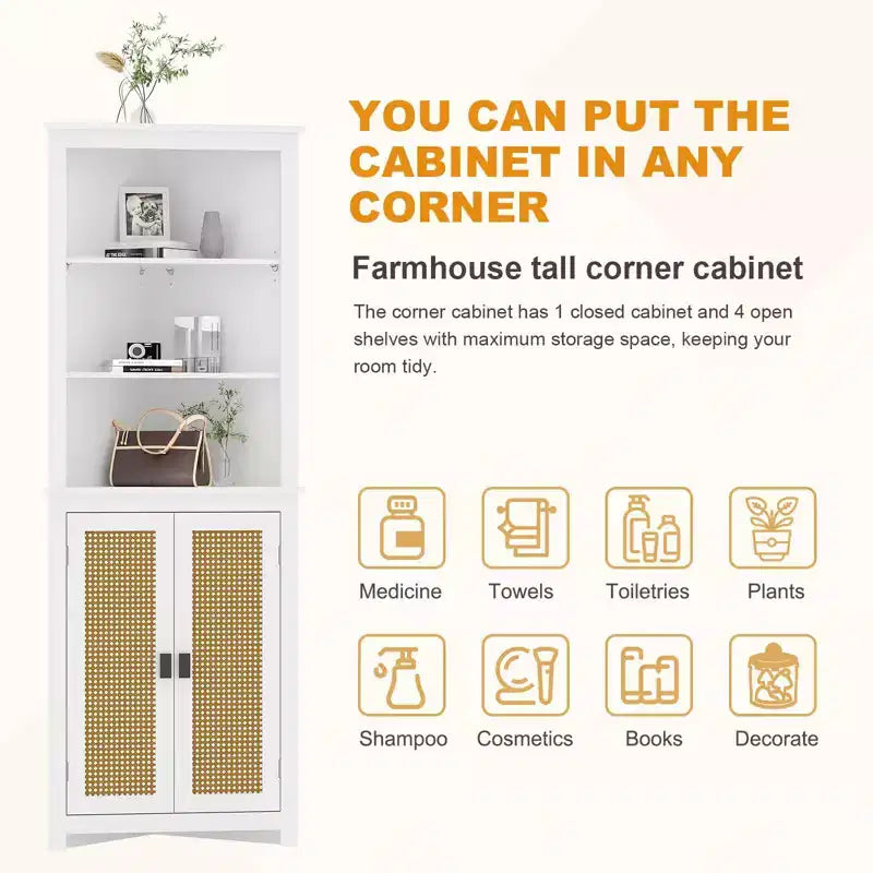 Corner Hutch Cabinet in White  Tall Space-Saving Storage Unit with 2 Barn Door Design & Adjustable Shelves  Ideal for Kitchen Organization