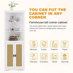 Corner Hutch Cabinet in White  Tall Space-Saving Storage Unit with 2 Barn Door Design & Adjustable Shelves  Ideal for Kitchen Organization