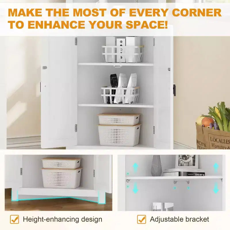 Corner Hutch Cabinet in White  Tall Space-Saving Storage Unit with 2 Barn Door Design & Adjustable Shelves  Ideal for Kitchen Organization