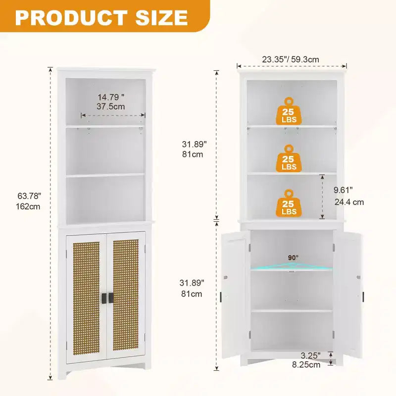 Corner Hutch Cabinet in White  Tall Space-Saving Storage Unit with 2 Barn Door Design & Adjustable Shelves  Ideal for Kitchen Organization