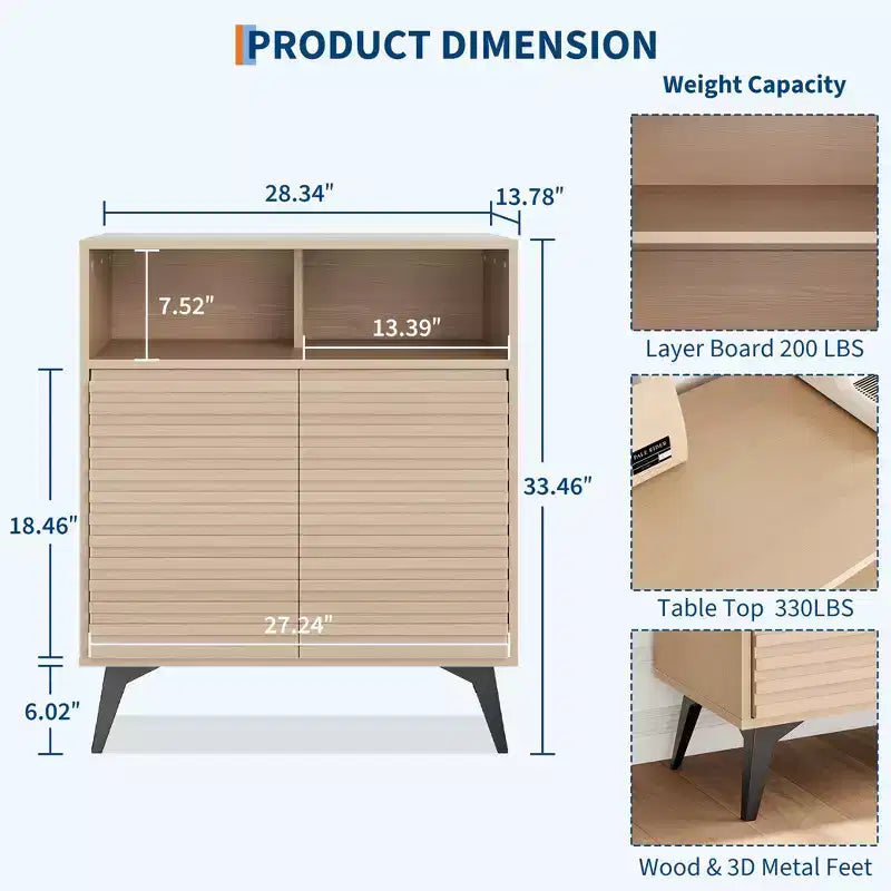 Fluted Sideboard Cabinet with Adjustable Shelves, Modern Buffet Storage Cabinet for Kitchen, Living Room, Dining Room, or Entryway