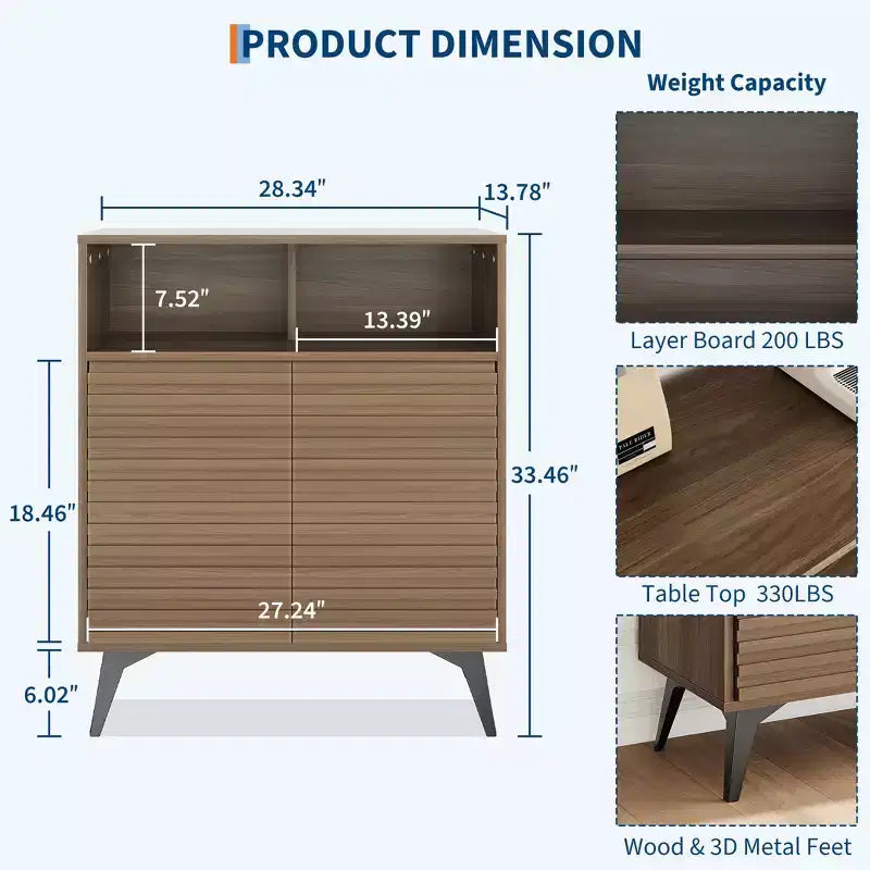 Fluted Sideboard Cabinet with Adjustable Shelves, Modern Buffet Storage Cabinet for Kitchen, Living Room, Dining Room, or Entryway