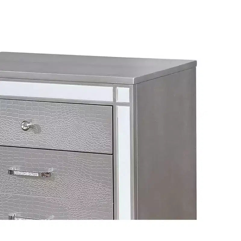 Royal Hampton Three Drawer Solid Wood Nightstand with Mirror Accent Trim Front, Silver
