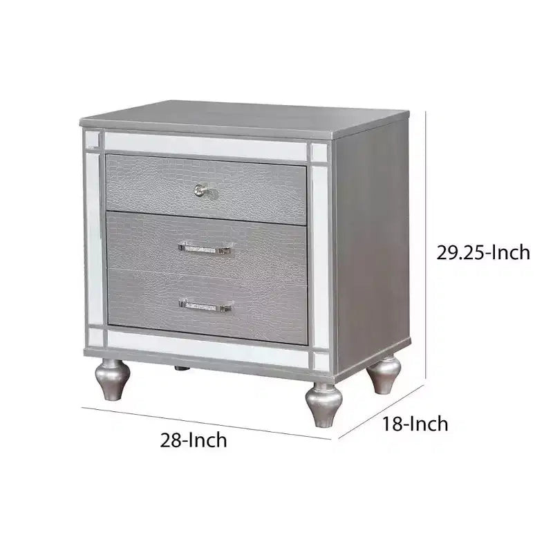Royal Hampton Three Drawer Solid Wood Nightstand with Mirror Accent Trim Front, Silver