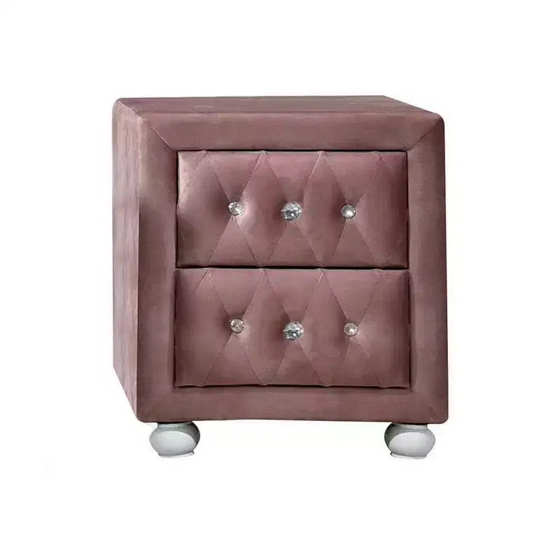 Comodino moderno Royal Hampton 17 pollici imbottito, 2 cassetti, maniglie in cristallo, rosa