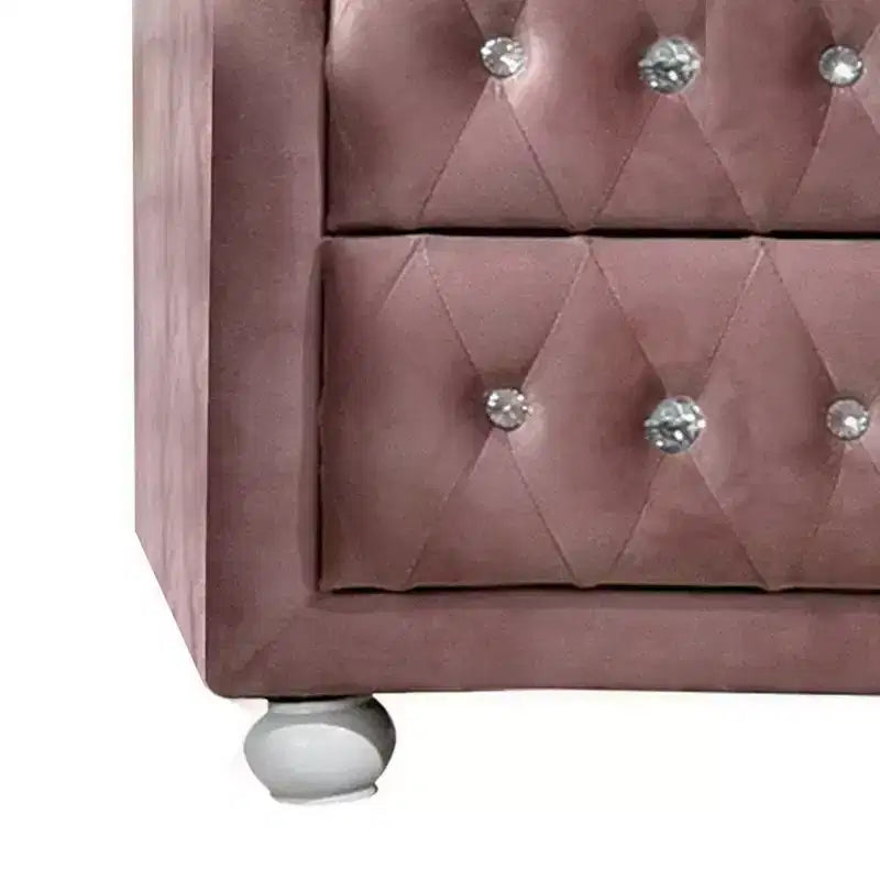 Comodino moderno Royal Hampton 17 pollici imbottito, 2 cassetti, maniglie in cristallo, rosa