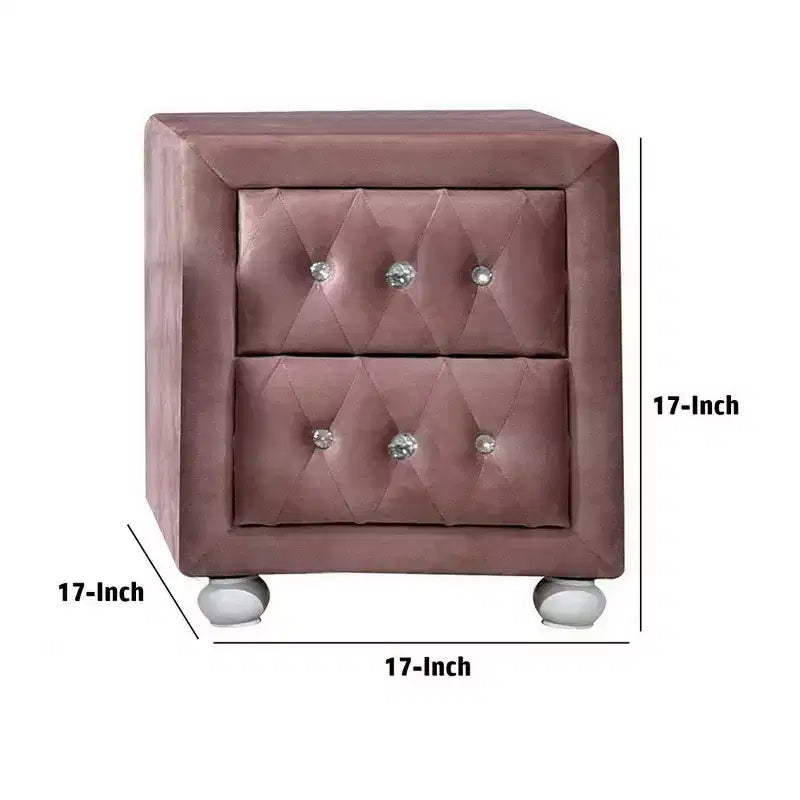 Comodino moderno Royal Hampton 17 pollici imbottito, 2 cassetti, maniglie in cristallo, rosa
