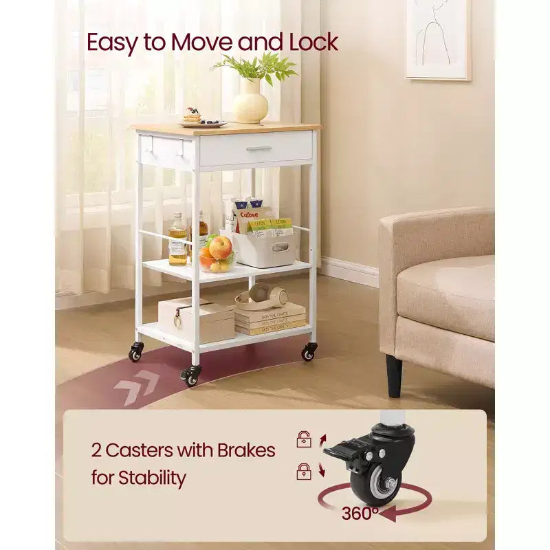 Carrello da Cucina su Ruote, Carrello Mobile da Cucina da 89,9 cm con Cassetto, Ripiano Regolabile, 4 Ruote Bloccabili, Capacità 116 kg, Beige Quercia e Bianco
