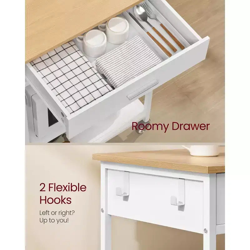 Carrello da Cucina su Ruote, Carrello Mobile da Cucina da 89,9 cm con Cassetto, Ripiano Regolabile, 4 Ruote Bloccabili, Capacità 116 kg, Beige Quercia e Bianco
