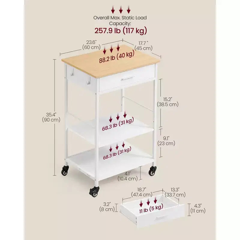 Carrello da Cucina su Ruote, Carrello Mobile da Cucina da 89,9 cm con Cassetto, Ripiano Regolabile, 4 Ruote Bloccabili, Capacità 116 kg, Beige Quercia e Bianco
