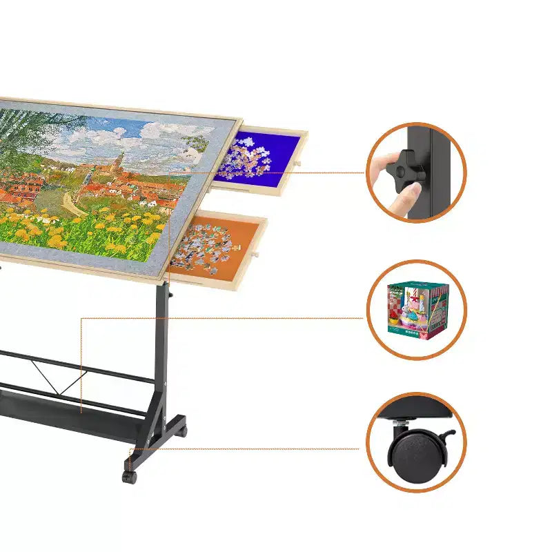 JVNOXK Wooden Puzzle Table with Drawers, Adjustable Puzzle Table, 360 Tilting Puzzle Table with Legs and Wheels, Height and Angle Adjustable