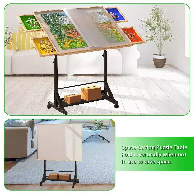 JVNOXK Wooden Puzzle Table with Drawers, Adjustable Puzzle Table, 360 Tilting Puzzle Table with Legs and Wheels, Height and Angle Adjustable