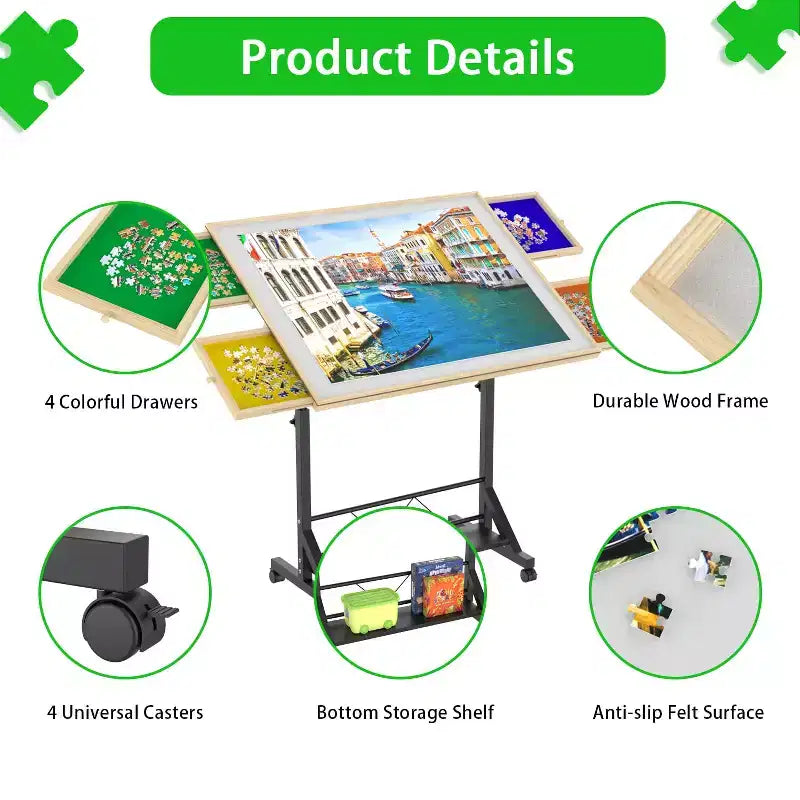 JVNOXK Wooden Puzzle Table with Drawers, Adjustable Puzzle Table, 360 Tilting Puzzle Table with Legs and Wheels, Height and Angle Adjustable