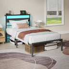 Twin Size Kids Platform Bed Frame with Upholstered Storage Headboard RGB LED Lights Built In Charging Station USB Ports No Box Spring Needed Metal Bed
