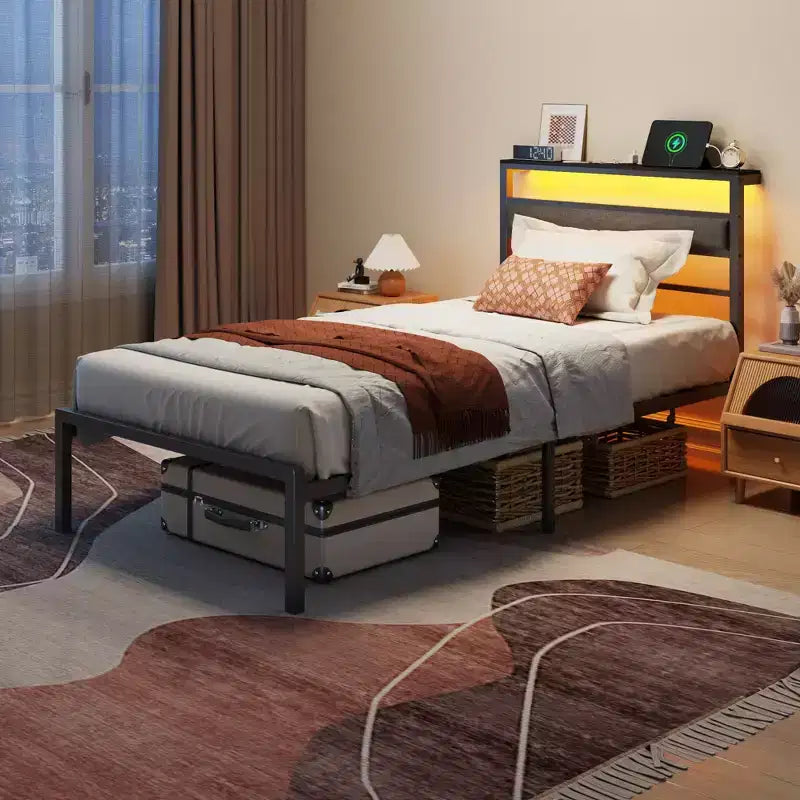 Twin Size Kids Platform Bed Frame with Upholstered Storage Headboard RGB LED Lights Built In Charging Station USB Ports No Box Spring Needed Metal Bed