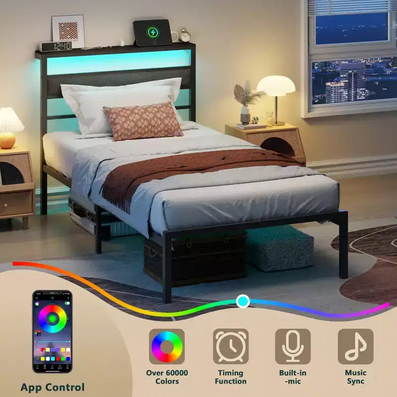 Twin Size Kids Platform Bed Frame with Upholstered Storage Headboard RGB LED Lights Built In Charging Station USB Ports No Box Spring Needed Metal Bed