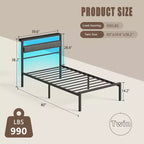 Twin Size Kids Platform Bed Frame with Upholstered Storage Headboard RGB LED Lights Built In Charging Station USB Ports No Box Spring Needed Metal Bed