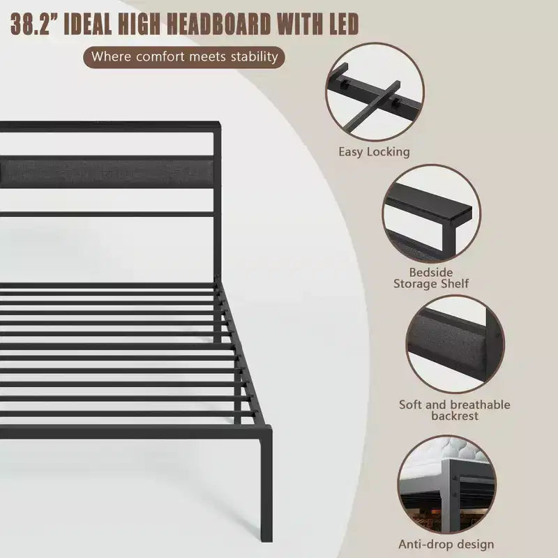 Twin Size Kids Platform Bed Frame with Upholstered Storage Headboard RGB LED Lights Built In Charging Station USB Ports No Box Spring Needed Metal Bed