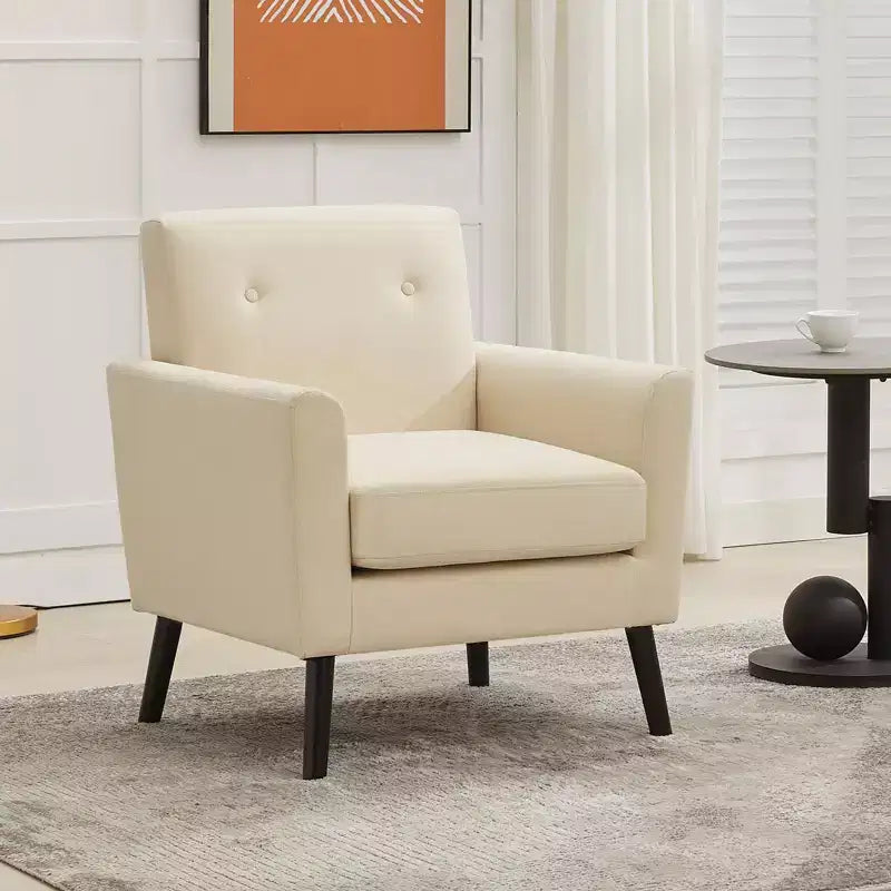 Mid-Century Modern Accent Chair with Wood Legs | Linen Fabric Upholstered Armchair with Thick Cushion for Living Room, Office & Bedroom