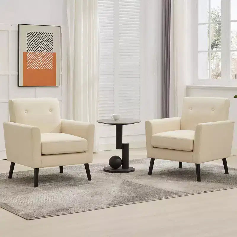 Mid-Century Modern Accent Chair with Wood Legs | Linen Fabric Upholstered Armchair with Thick Cushion for Living Room, Office & Bedroom