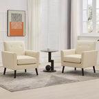 Mid-Century Modern Accent Chair with Wood Legs | Linen Fabric Upholstered Armchair with Thick Cushion for Living Room, Office & Bedroom