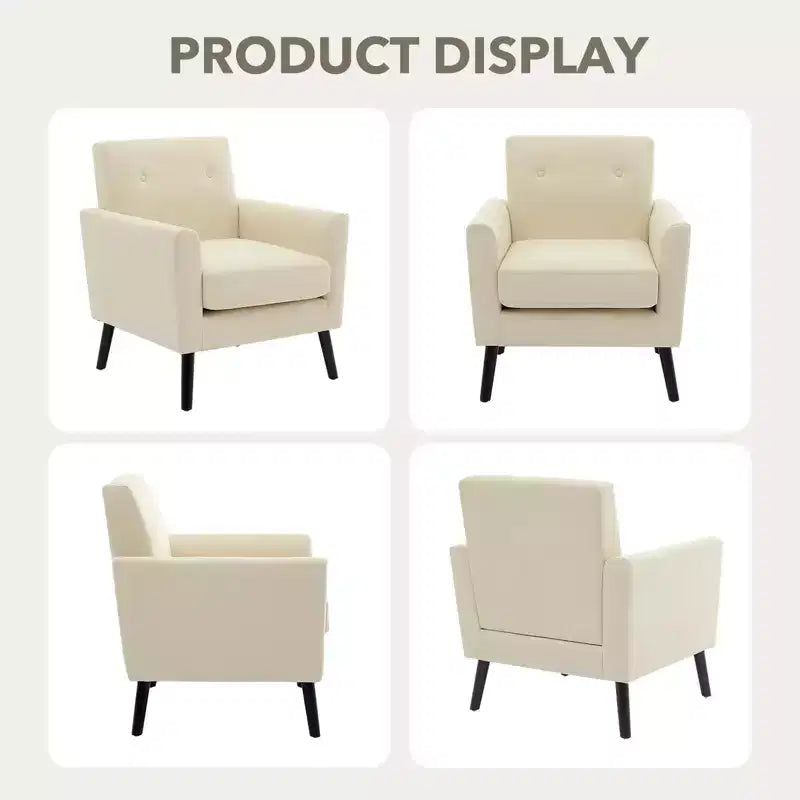 Mid-Century Modern Accent Chair with Wood Legs | Linen Fabric Upholstered Armchair with Thick Cushion for Living Room, Office & Bedroom