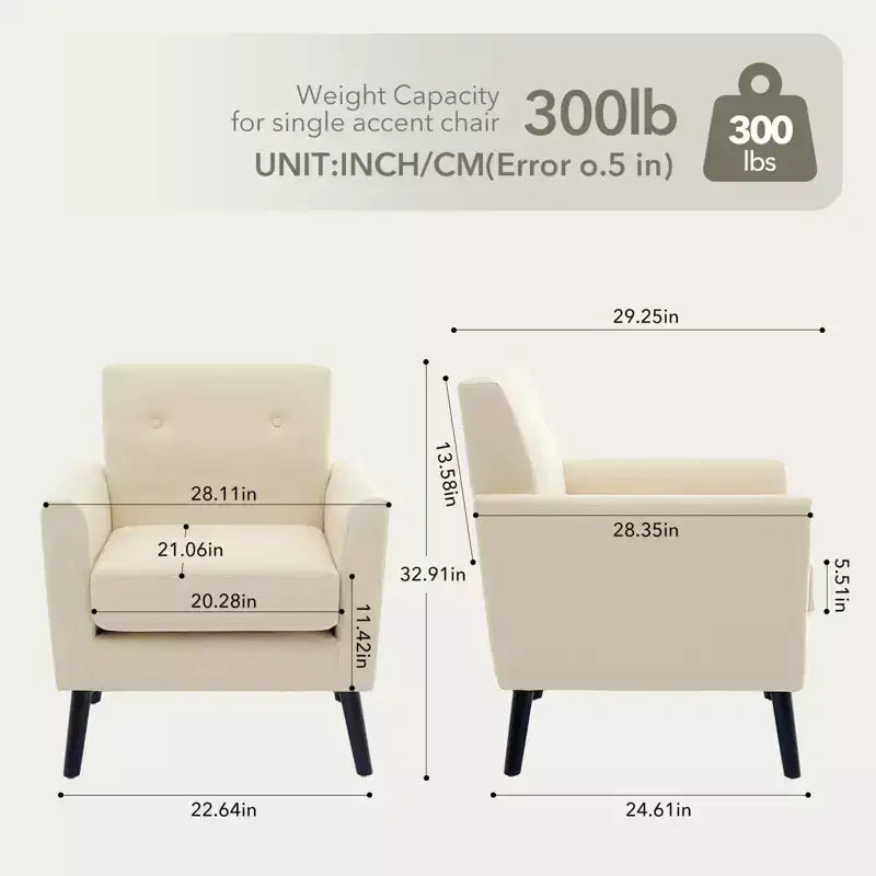Mid-Century Modern Accent Chair with Wood Legs | Linen Fabric Upholstered Armchair with Thick Cushion for Living Room, Office & Bedroom