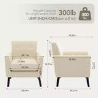 Mid-Century Modern Accent Chair with Wood Legs | Linen Fabric Upholstered Armchair with Thick Cushion for Living Room, Office & Bedroom