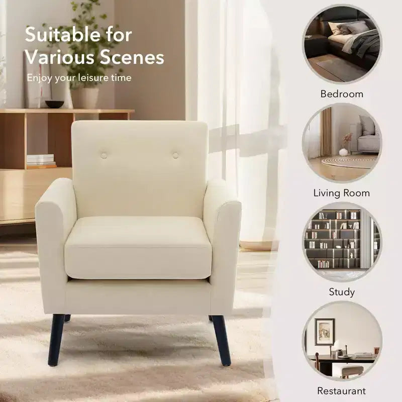 Mid-Century Modern Accent Chair with Wood Legs | Linen Fabric Upholstered Armchair with Thick Cushion for Living Room, Office & Bedroom