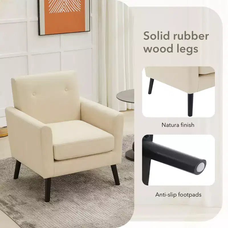 Mid-Century Modern Accent Chair with Wood Legs | Linen Fabric Upholstered Armchair with Thick Cushion for Living Room, Office & Bedroom