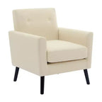 Mid-Century Modern Accent Chair with Wood Legs | Linen Fabric Upholstered Armchair with Thick Cushion for Living Room, Office & Bedroom