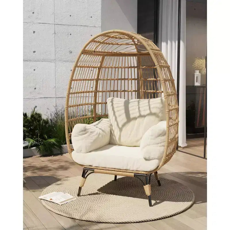360 Swivel Egg Chair with Cushions, Indoor Outdoor Wicker Egg Basket Lounge Chair for Patio Porch Living Room, All Weather Resistance