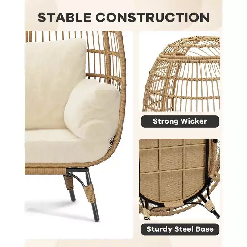 360 Swivel Egg Chair with Cushions, Indoor Outdoor Wicker Egg Basket Lounge Chair for Patio Porch Living Room, All Weather Resistance
