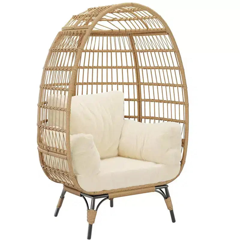 360 Swivel Egg Chair with Cushions, Indoor Outdoor Wicker Egg Basket Lounge Chair for Patio Porch Living Room, All Weather Resistance