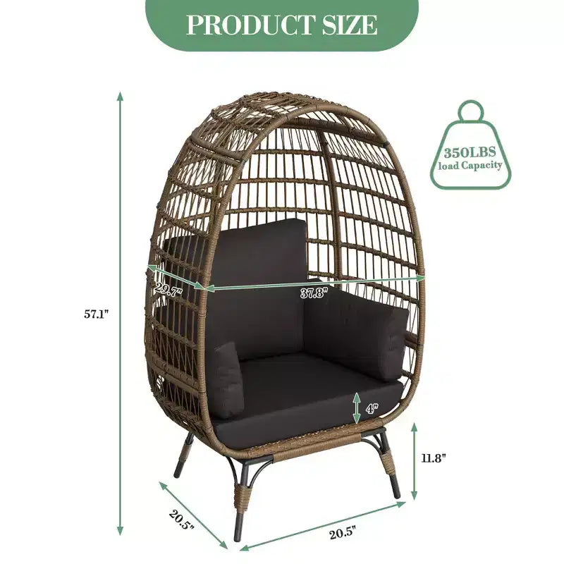 360 Swivel Egg Chair with Cushions, Indoor Outdoor Wicker Egg Basket Lounge Chair for Patio Porch Living Room, All Weather Resistance
