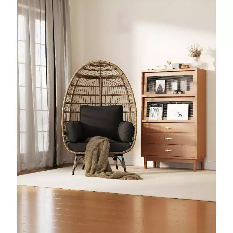 360 Swivel Egg Chair with Cushions, Indoor Outdoor Wicker Egg Basket Lounge Chair for Patio Porch Living Room, All Weather Resistance
