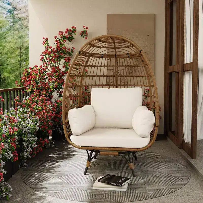 360 Swivel Egg Chair with Cushions, Indoor Outdoor Wicker Egg Basket Lounge Chair for Patio Porch Living Room, All Weather Resistance