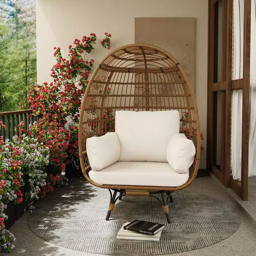 Poltrona a uovo girevole a 360° con cuscini, Poltrona a dondolo a uovo in vimini per interni ed esterni per patio, portico, soggiorno, Resistente a tutte le condizioni atmosferiche