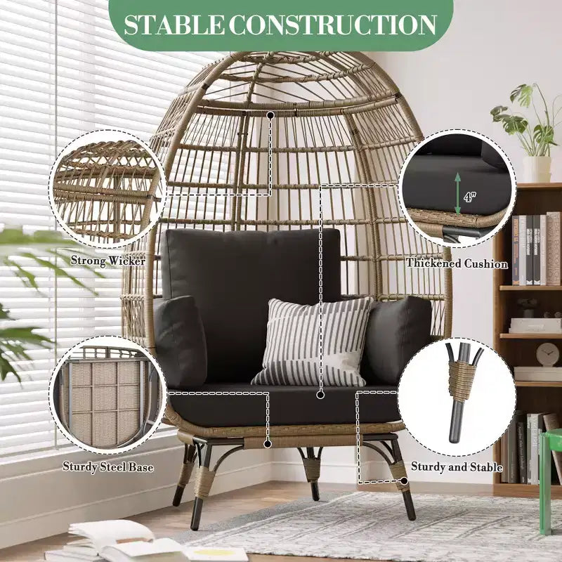 360 Swivel Egg Chair with Cushions, Indoor Outdoor Wicker Egg Basket Lounge Chair for Patio Porch Living Room, All Weather Resistance
