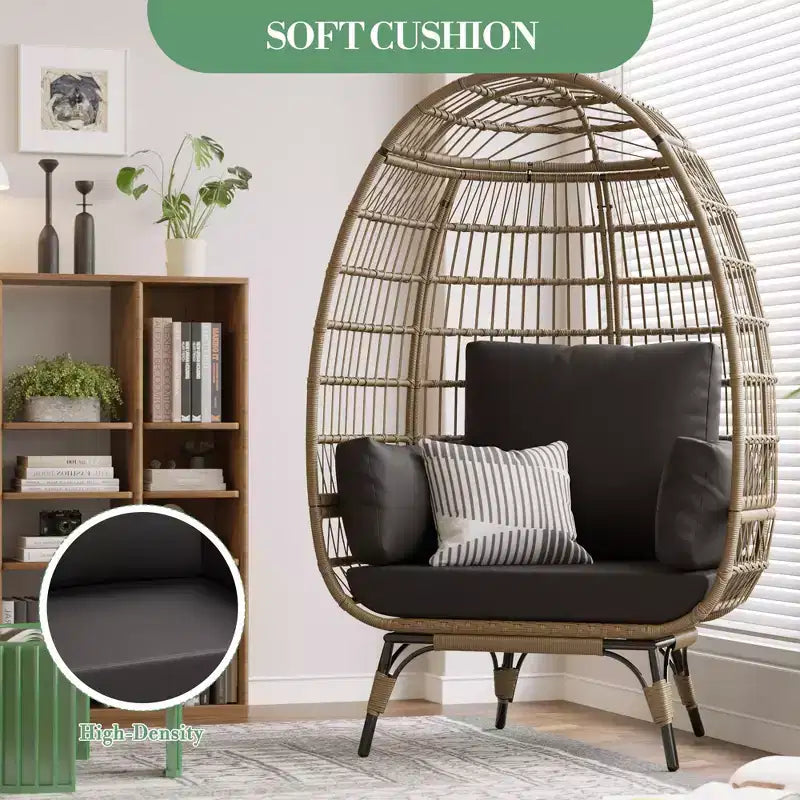 360 Swivel Egg Chair with Cushions, Indoor Outdoor Wicker Egg Basket Lounge Chair for Patio Porch Living Room, All Weather Resistance