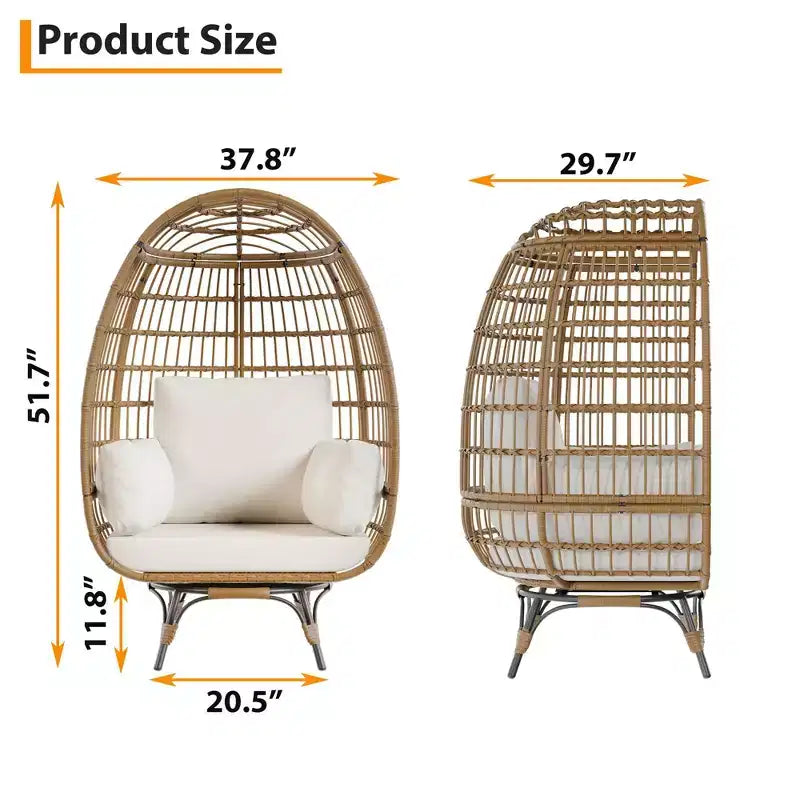 360 Swivel Egg Chair with Cushions, Indoor Outdoor Wicker Egg Basket Lounge Chair for Patio Porch Living Room, All Weather Resistance