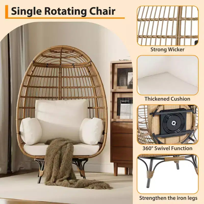 360 Swivel Egg Chair with Cushions, Indoor Outdoor Wicker Egg Basket Lounge Chair for Patio Porch Living Room, All Weather Resistance
