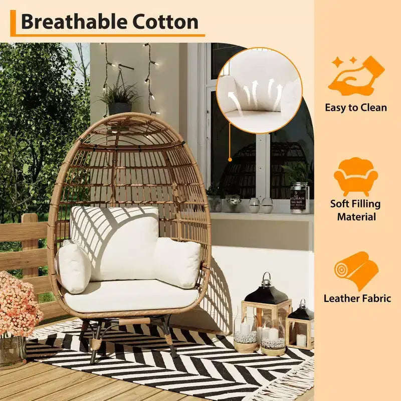 360 Swivel Egg Chair with Cushions, Indoor Outdoor Wicker Egg Basket Lounge Chair for Patio Porch Living Room, All Weather Resistance