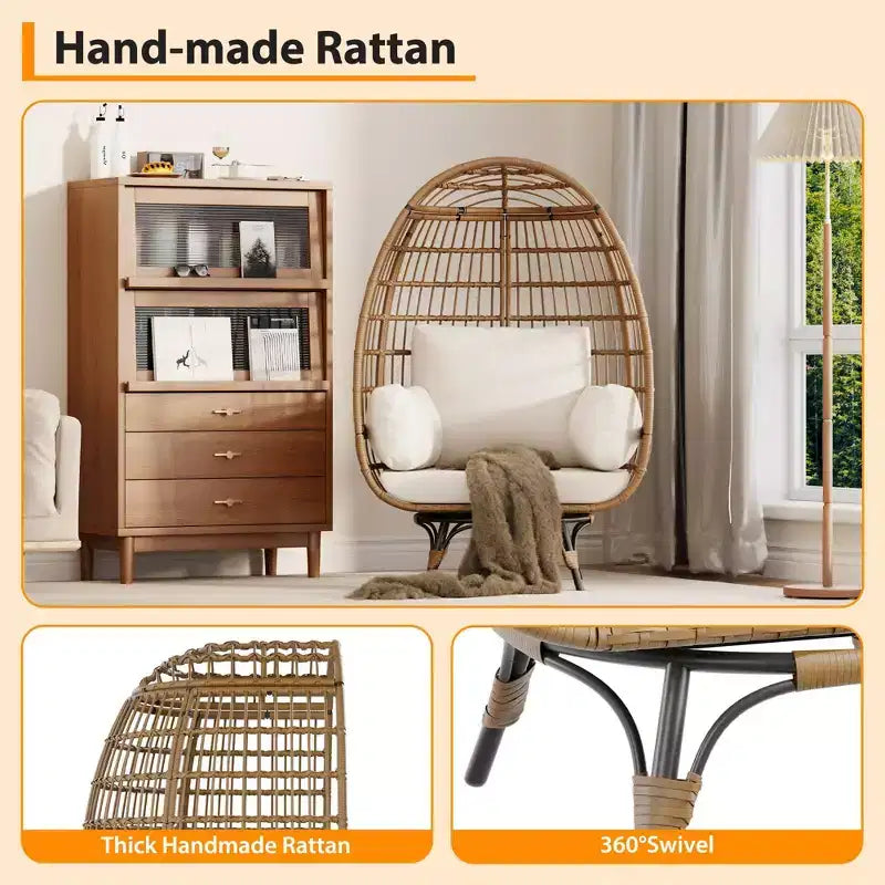 360 Swivel Egg Chair with Cushions, Indoor Outdoor Wicker Egg Basket Lounge Chair for Patio Porch Living Room, All Weather Resistance