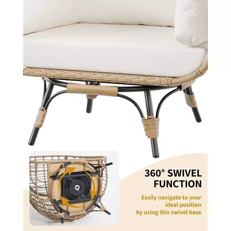 360 Swivel Egg Chair with Cushions, Indoor Outdoor Wicker Egg Basket Lounge Chair for Patio Porch Living Room, All Weather Resistance