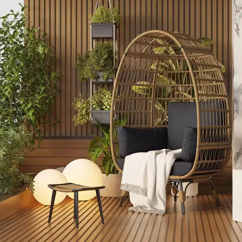 Poltrona a uovo girevole a 360° con cuscini, Poltrona a dondolo a uovo in vimini per interni ed esterni per patio, portico, soggiorno, Resistente a tutte le condizioni atmosferiche