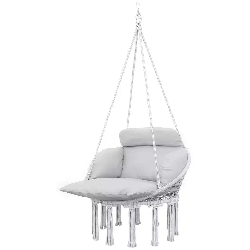 Hanging Hammock Chair with Cushion Steel Frame and Boho Fringe Indoor Outdoor