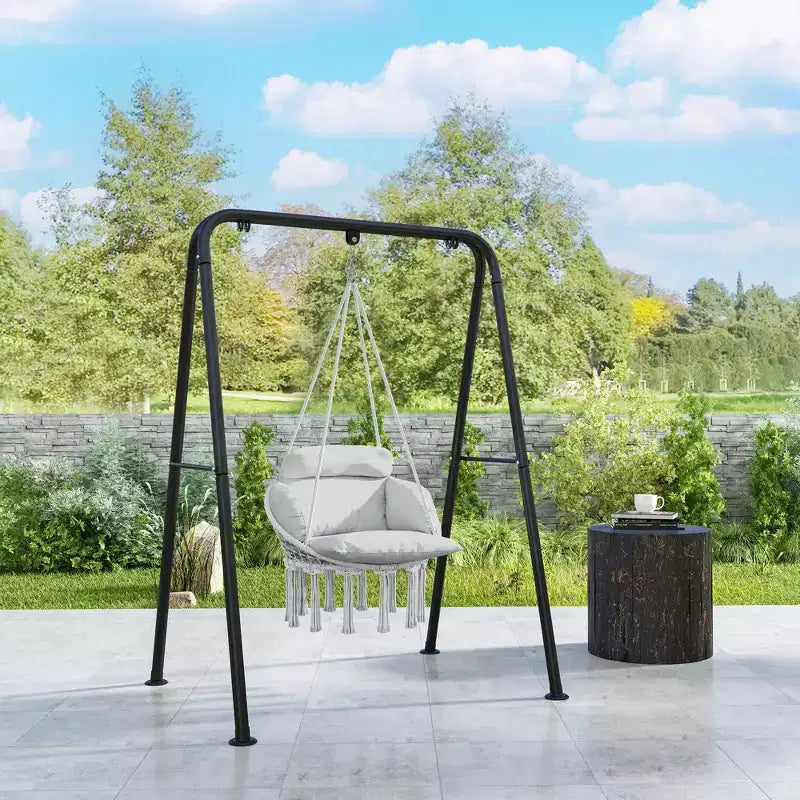 Hanging Hammock Chair with Cushion Steel Frame and Boho Fringe Indoor Outdoor